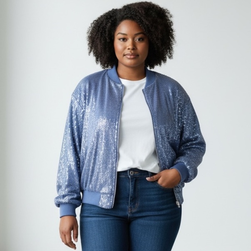 Nina Parker Trendy Full Sequin Blue Bomber Jacket Women’s Size 2X